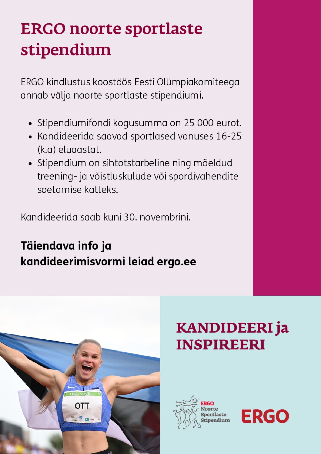 ERGO noorte sportlaste stipendiumile on võimalik kandideerida kuni 30.11.2024